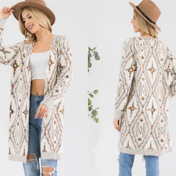 Cozy Celtic Print Long Cardigan Eyelash Sweater - Women's Western Vintage 70s Inspired Jacket Sizes S~XL