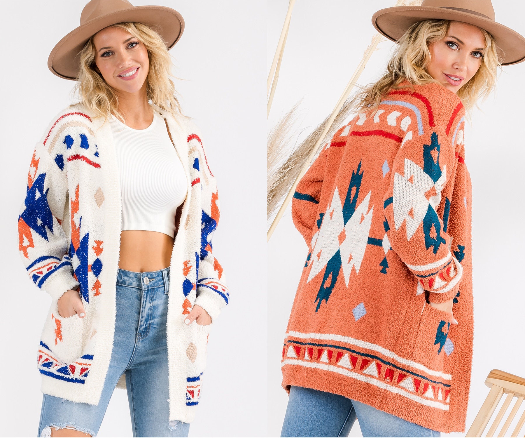 Aztec Graphic Knit Soft Cozy Vintage Inspired Sweater Cardigan 