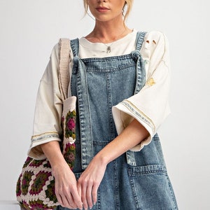 Wide Leg Washed Denim Jumpsuit Elastic Waistband with Pockets