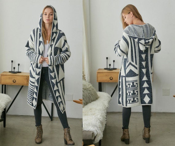 Women's Aztec Print Knit Long Sweater Cardigan with Pockets S ~ XL