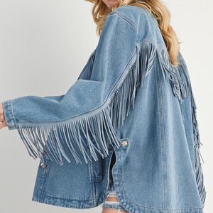 Oversized Washed Denim Button Down Fringe Jacket