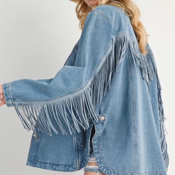 Oversized Washed Denim Button Down Fringe Jacket