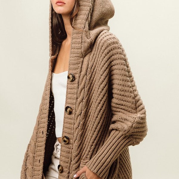 Oversized Cable Knit Chunky Sweater Long Cardigan - Size Small to XL