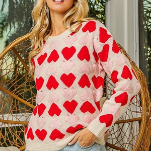 Multi Color Heart Embroidery Knit Pullover Sweater - Size Small to XL