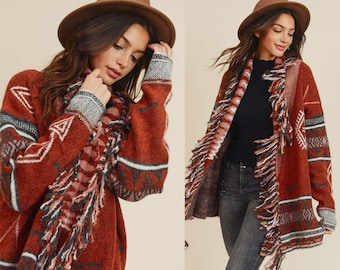 Cozy Aztec Fringe Detail Knit Long Cardigan Sweater - S ~ XL Women's Vintage Oversized Top