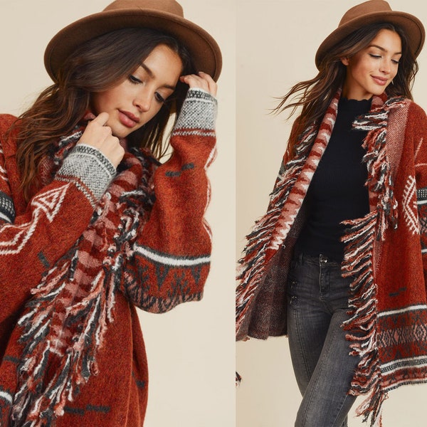 Cozy Aztec Fringe Detail Knit Long Cardigan Sweater - S ~ XL Women's Vintage Oversized Top