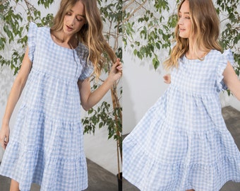 Gingham Checkered Ruffle Sleeve Tiered Flare Mini Dress For Women, Plaid Tiered Babydoll Dress, Loose Fit Summer dress