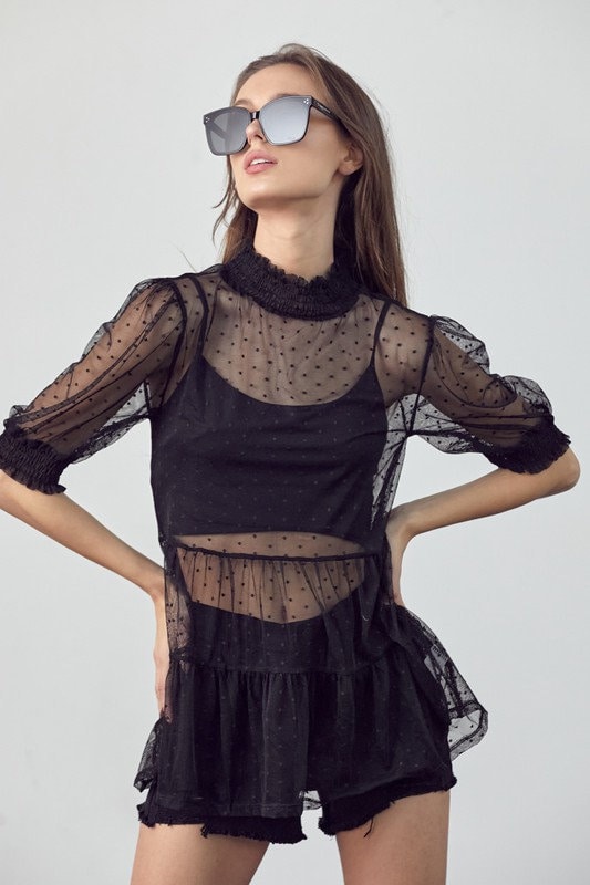 Black Mesh Long Sleeve Crop Top With Silver Velvet Polka Dots