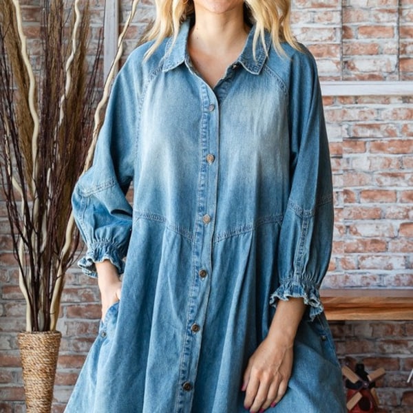 Overfit Button-Down Casual Denim Shirtdress with Pockets