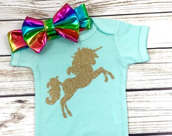 Mint Scalloped Bodysuit With Gold Unicorn Design And Rainbow Headband For Baby Girl