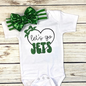 Let&#39;s Go Jets Retro Design Heart Football Bodysuit Outfit For Baby Girl