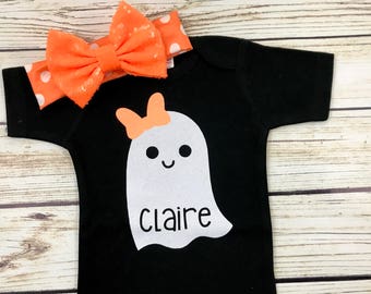 Baby Girl Halloween Ghost Cute Bow Name Bodysuit Outfit