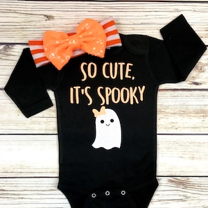 So Cute, It&#39;s Spooky Halloween Ghost Bodysuit Outfit Baby Girl First Halloween
