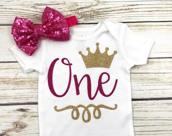 Baby Girl First Birthday Bodysuit and Crown Headband in Pink and Gold