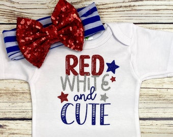 Baby Girl 4th of July Bodysuit Outfit with Headband