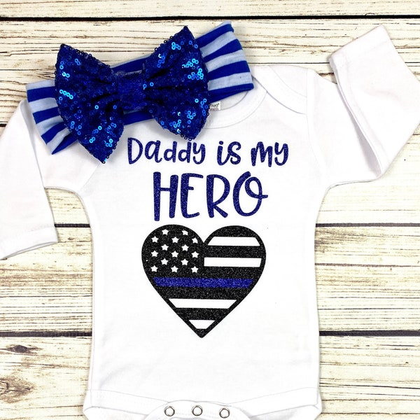 Daddy Is My Hero Thin Blue Line Heart Baby Girl Police Daddy Bodysuit Outfit