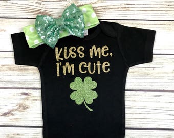 Kiss Me, I'm Cute Baby Girl St Patricks Day Bodysuit Outfit Black Green Gold