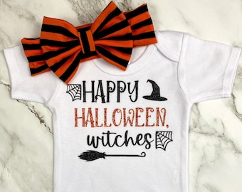 Happy Halloween, Witches Bodysuit Outfit Baby Girl First Halloween