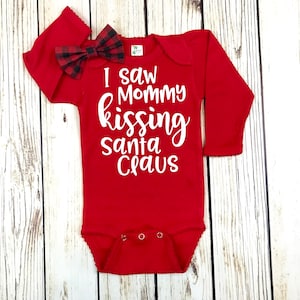 I Saw Mommy Kissing Santa Claus Baby Girl First Christmas Bodysuit Outfit Buffalo Plaid Headband