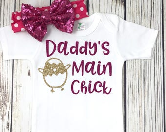 Daddys Main Chick Baby Girl First Easter Bodysuit Outfit Daddys Main Chick Baby Girl First Easter Bodysuit Outfit