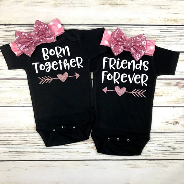 Born Together Friends Forever Twin Girl Baby Bodysuit Outfits Black & Pink