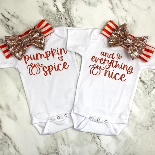 Pumpkin Spice and Everything Nice Twin Baby Girl Bodysuit Outfits Fall Halloween