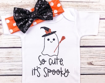 Ghost Halloween Bodysuit, Baby Girl Outfit, Bow Headband