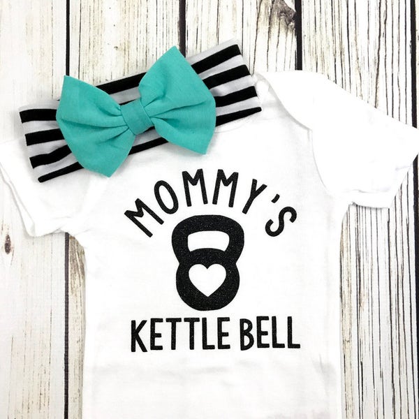 Mommy's Kettle Bell Baby Girl Bodysuit Outfit Teal Bow