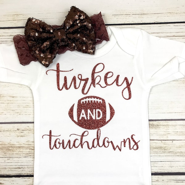 Turkey And Touchdowns Football First Thanksgiving Baby Girl Bodysuit Outfit New Design