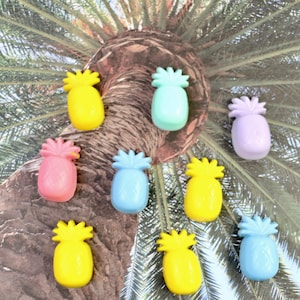 Può includere: Otto magneti a forma di ananas in vari colori pastello, tra cui giallo, rosa, blu e viola. I magneti sono disposti in un cerchio attorno al tronco di una palma.