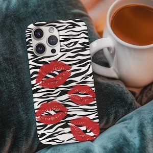 Zebra Print Phone Case with Red Lipstick Kiss, Bold Animal Print iPhone Cover, Y2K Aesthetic Gift for Her, Protective Phone Case