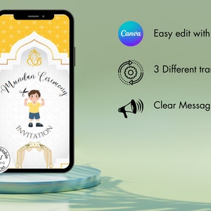 Könnte beinhalten: Eine digitale Einladung zu einer Mundan-Zeremonie mit einem Cartoon-Jungen in einem gelben Shirt und blauen Shorts. Die Einladung hat ein gold-weißes Design mit einem dekorativen Torbogen und dem Text "Mundan Ceremony Invitation".