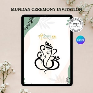 Puede incluir: Una invitación digital para una ceremonia Mundan, con una ilustración estilizada en blanco y negro de la deidad hindú Ganesha. El texto "Shri Ganeshay Namah" está escrito en letras doradas sobre la ilustración. La invitación está diseñada con un fondo verde y blanco.
