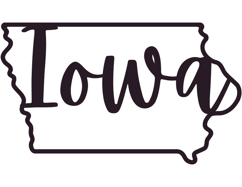 May include: A dark-colored outline of the state of Iowa with the word "Iowa" written in a cursive font within the state's borders. The design is simple and clean, with a focus on the state's shape and name.