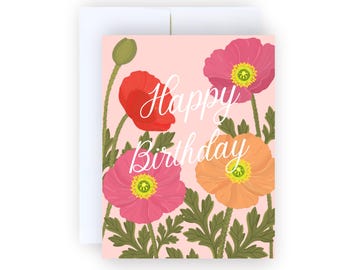 Poppy Flower Birthday Card | Hand-Drawn Floral Birthday Card |  Birthday Greeting Card | Poppy Card | Blank Inside Card
