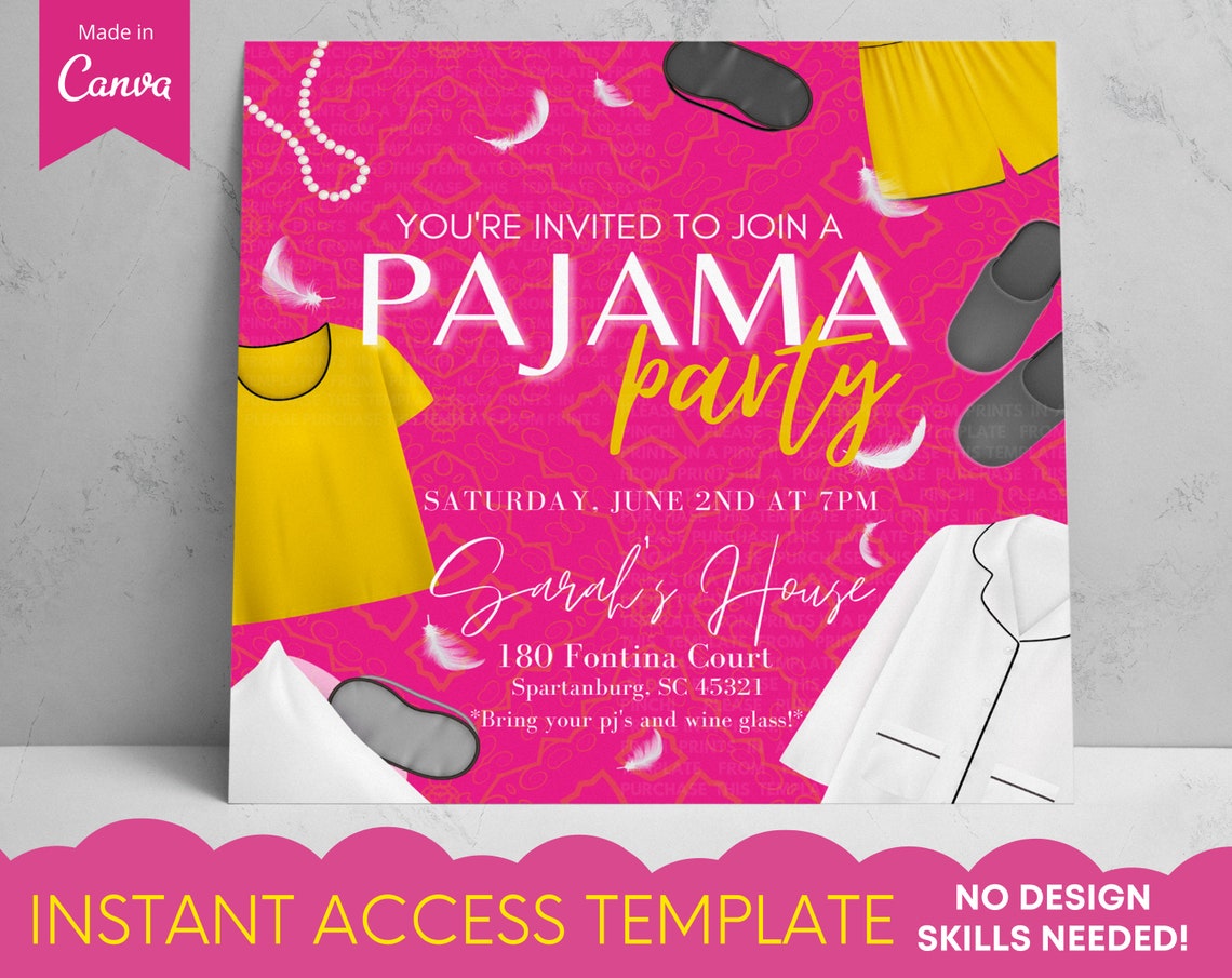 Adult Pajama Party Pink Pearls Invitation Template Girls | Etsy