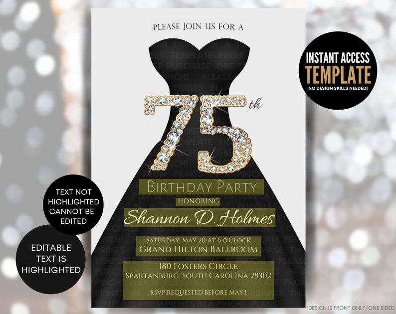 Women's 75th Birthday Party Gold Formal Invite | DIY Easy-edit Template ...