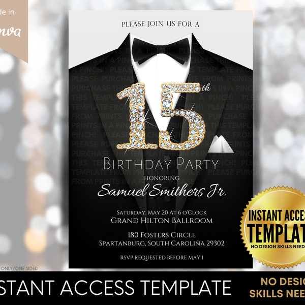 15th Birthday Party Gold Formal Invite | DIY Easy-Edit Template | Elegant Suit and Tie | Digital INSTANT Download - 5x7
