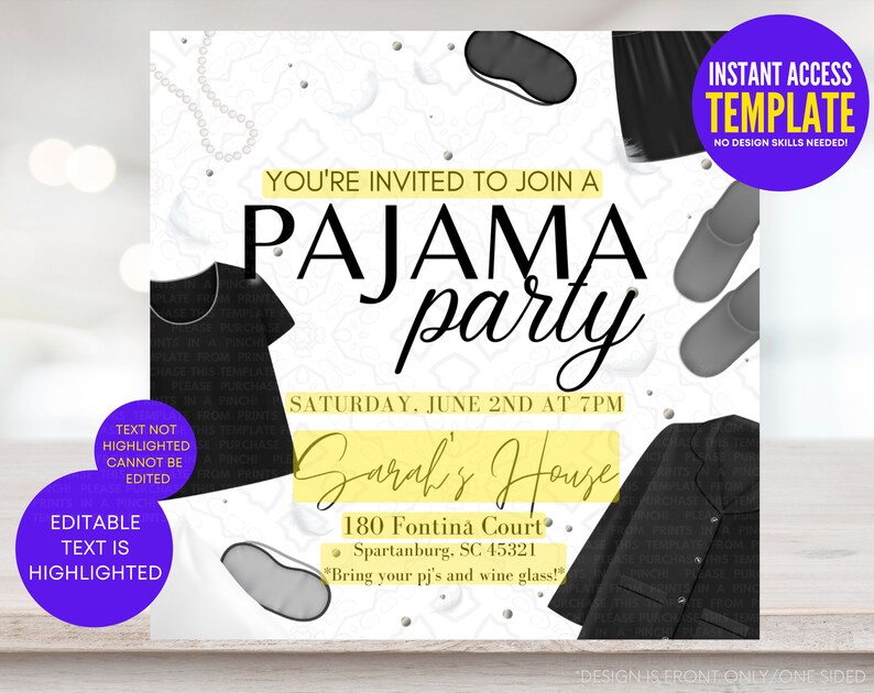 Adult pajama & Pearls Party Black Invitation Template Girls Night in ...