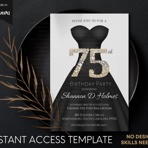 Women's 75th Birthday Party Gold Formal Invite | DIY Easy-Edit Template | Elegant Dress Ball Gown | Digital INSTANT Download - 5x7