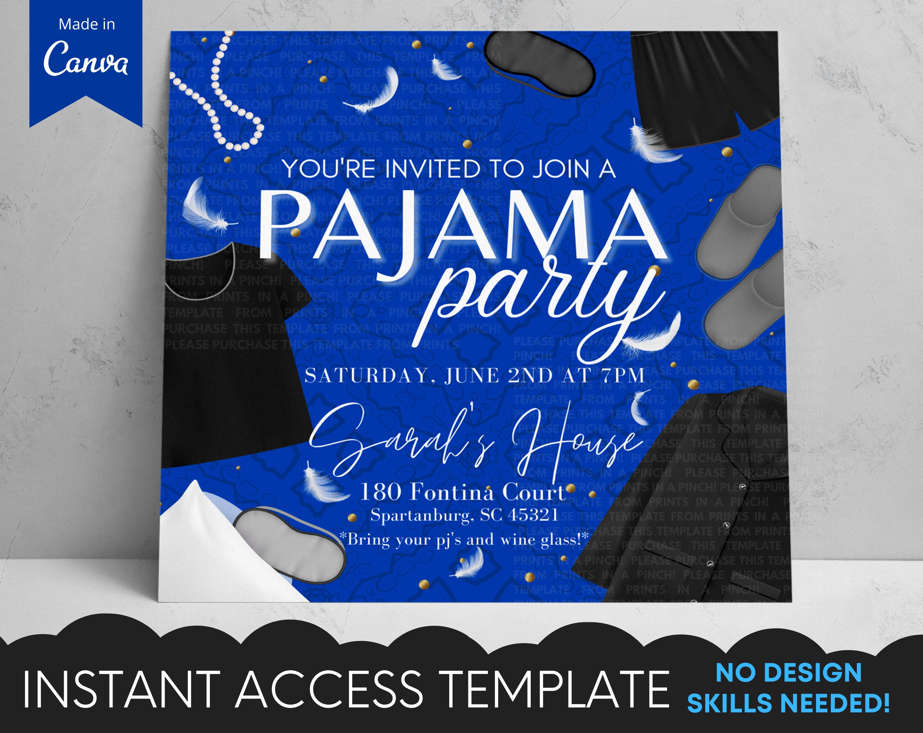 Adult Pajama Party Blue Pearls Invitation Template Girls - Etsy España