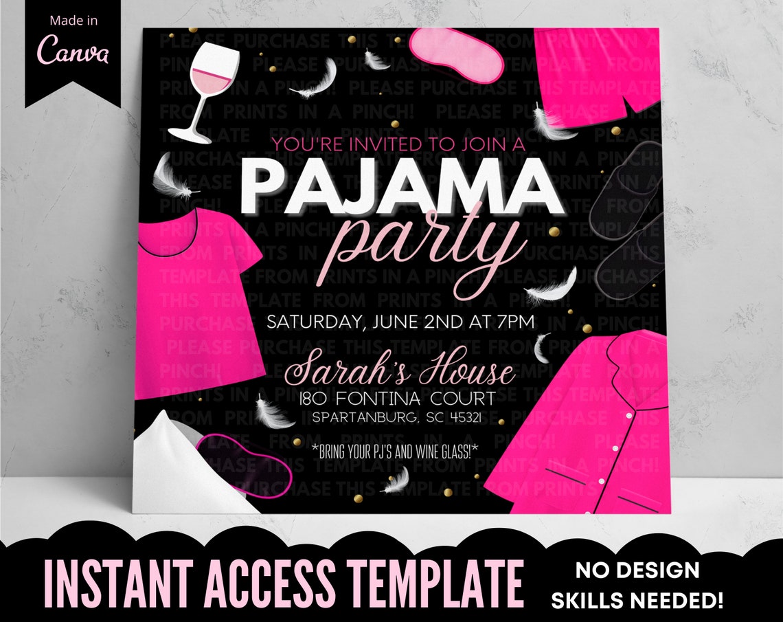 Adult Pajama Party Black/pink Invitation Template Girls - Etsy