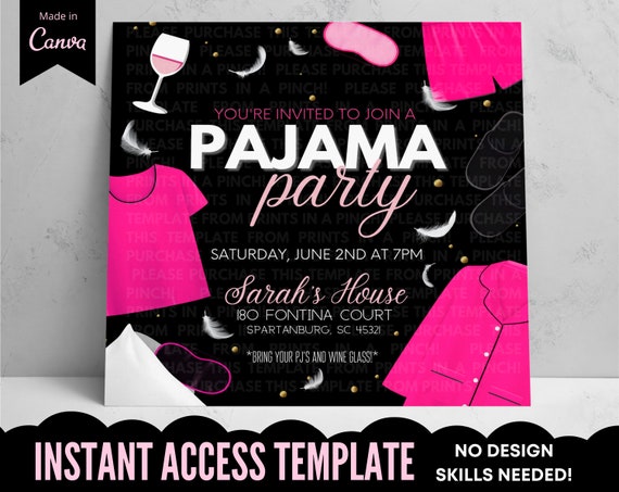 Adult Pajama Party Black/Pink Invitation Template Girls | Etsy