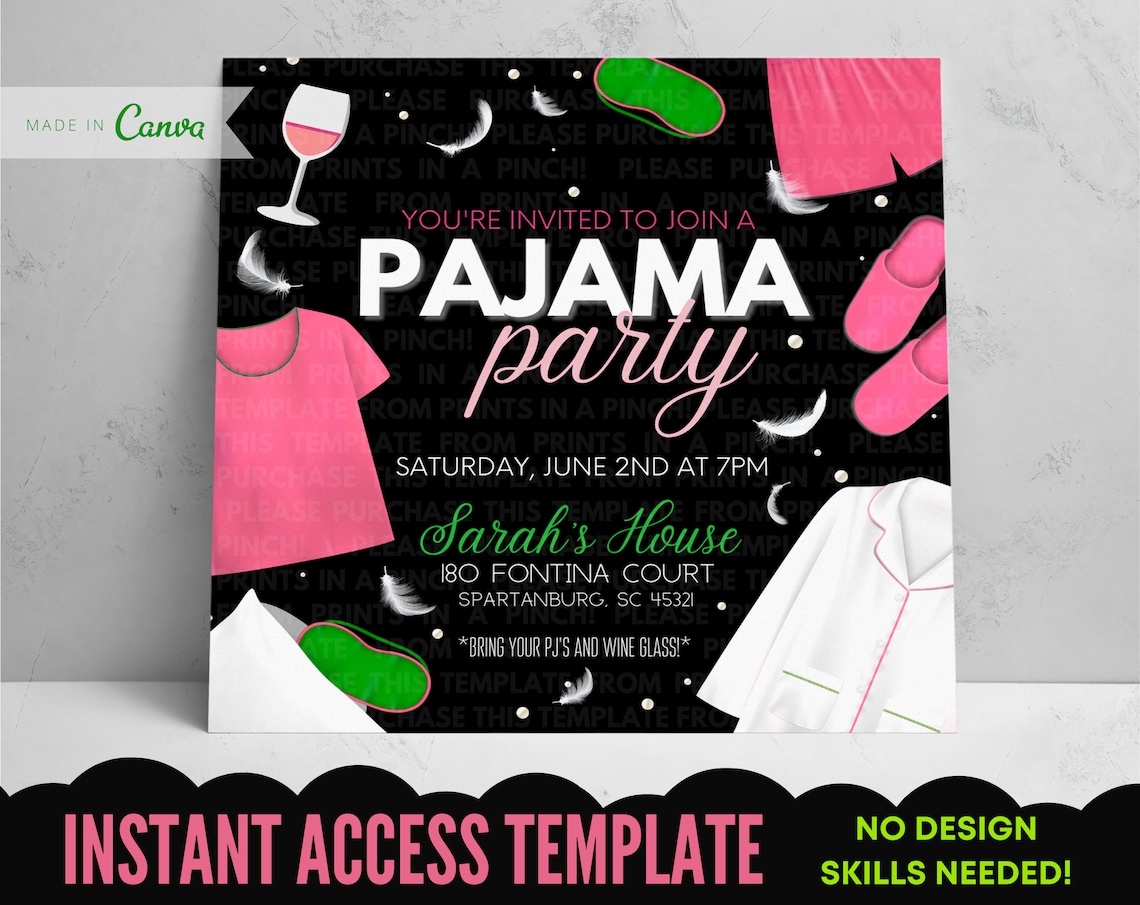 Adult Pajama Party Pink and Green Invitation Template Girls | Etsy