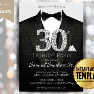 Men&#39;s 30th Birthday Party Silver Formal Invite | DIY Easy-Edit Template | Elegant Suit and Tie | Digital INSTANT Download - 5x7