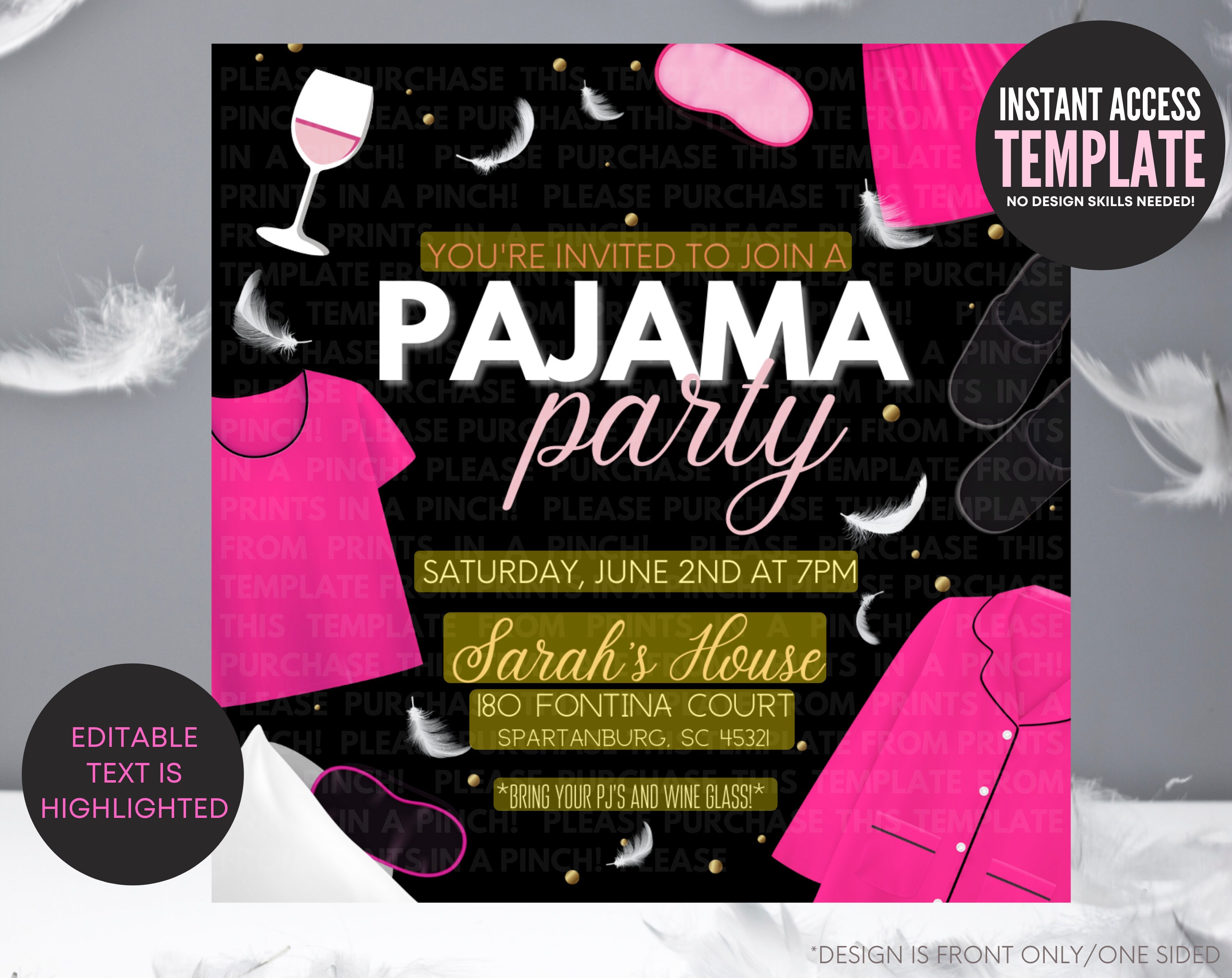 Adult Pajama Party Black/pink Invitation Template Girls - Etsy