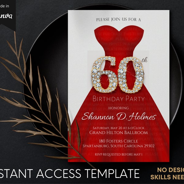 Women's 60th Birthday Party Gold Formal Invite | DIY Easy-Edit Template | Elegant Red Dress Ball Gown | Digital INSTANT Download - 5x7