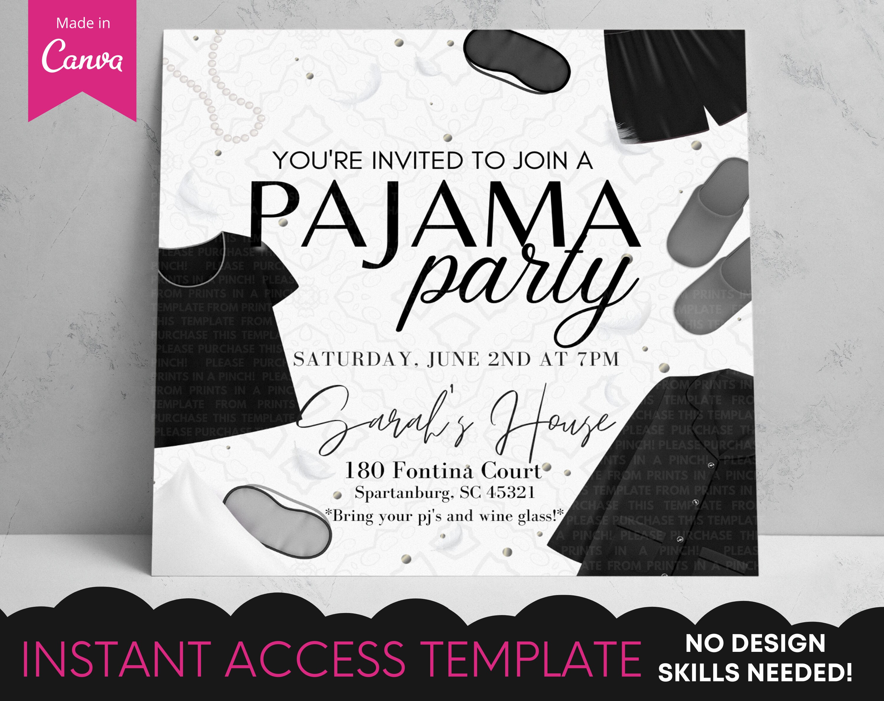 Adult Pajama & Pearls Party Black Invitation Etsy España