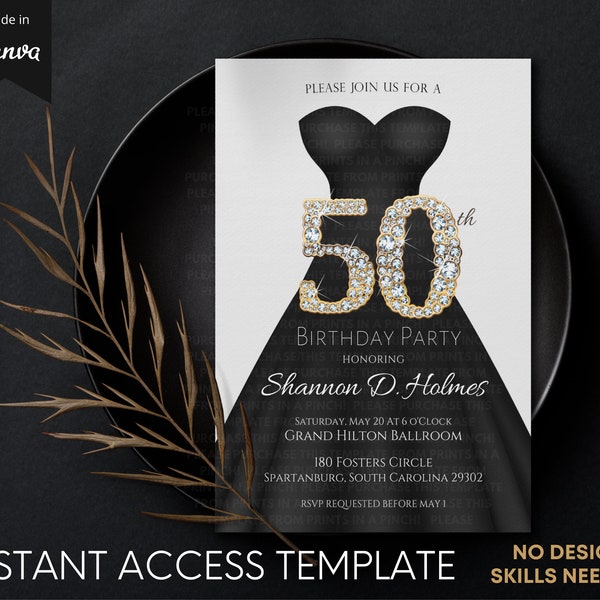 Women's 50th Birthday Party Gold Formal Invite | DIY Easy-Edit Template | Elegant Dress Ball Gown | Digital INSTANT Download - 5x7