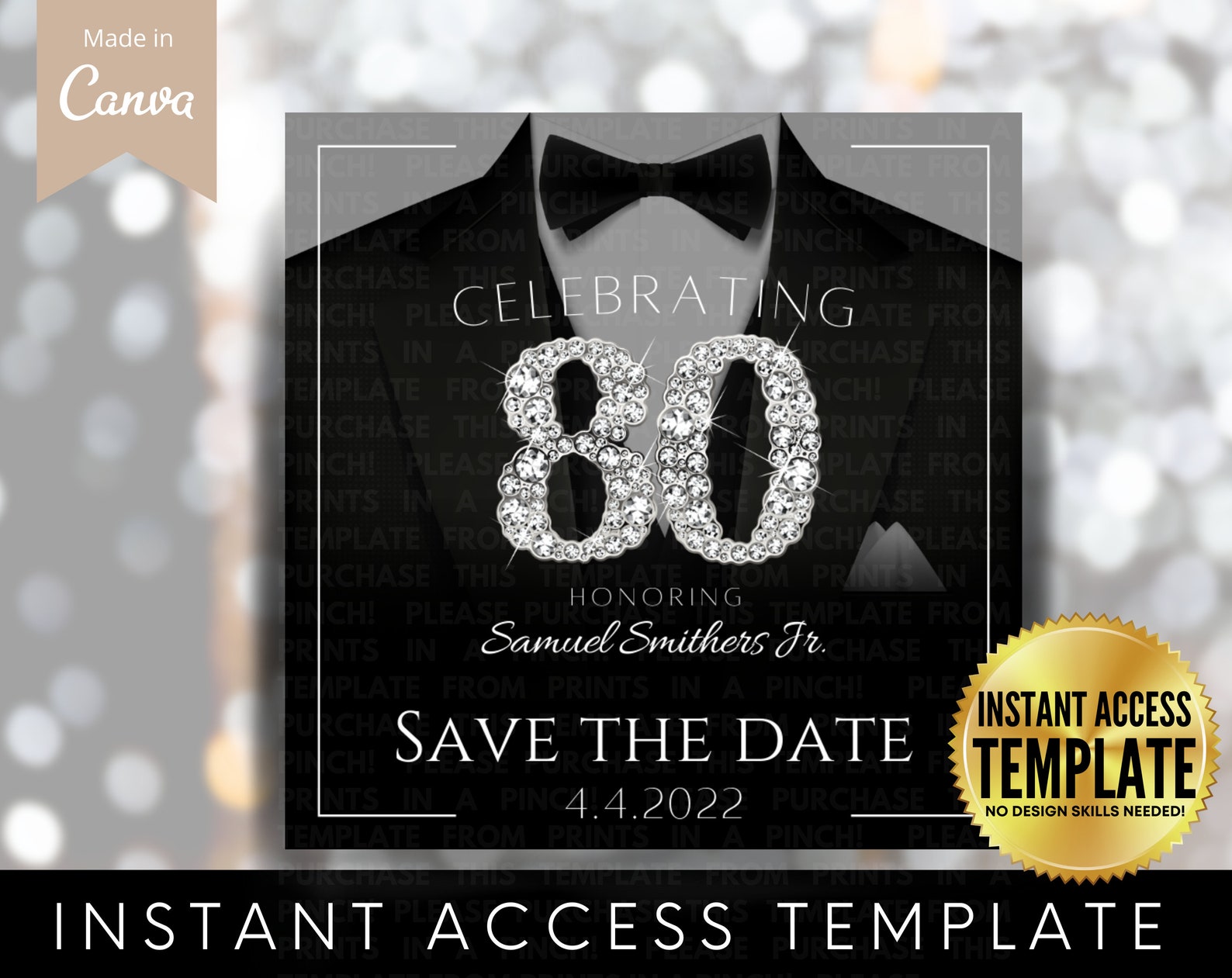 Men s 80th birthday save the date formal party silver diy easy edit